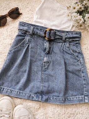 Free People Denim Mini Skirt Paperbag Waist Belted Blue Boho Festival